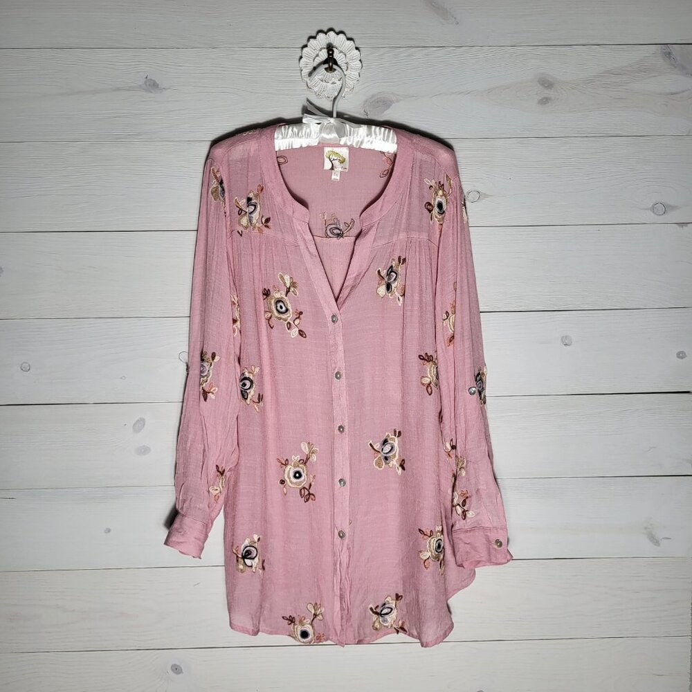 Fig and Flower Button Up Shirt Embroidered Floral Top Mauve BOHO.